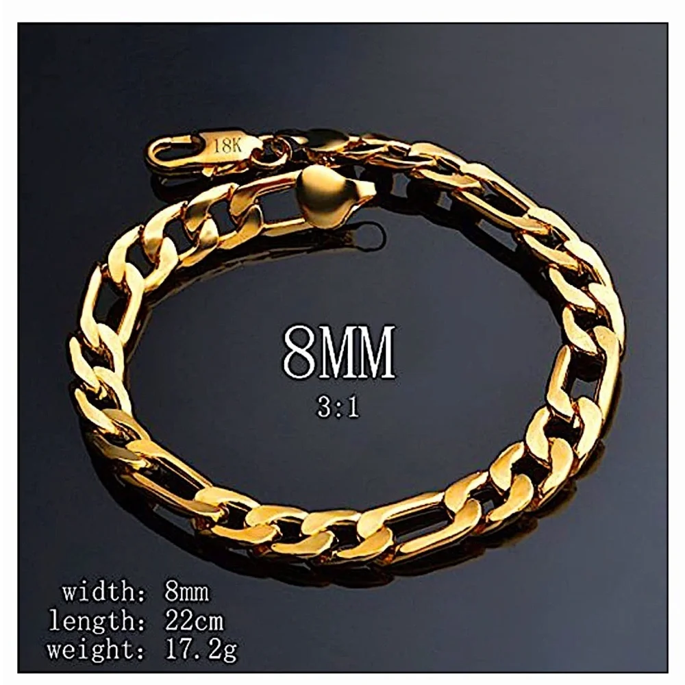 GOLD CUBAN FIGARO CHAIN LINK 8MM UNISEX 18K BRACELET